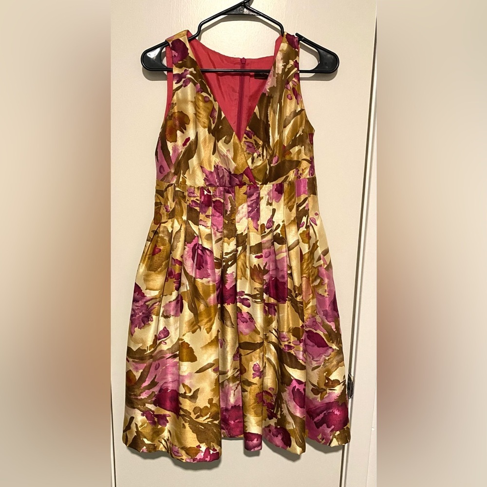 Eliza J Pink/ Purple /Olive and Gold Floral Satin Party Dress 6 see measurements